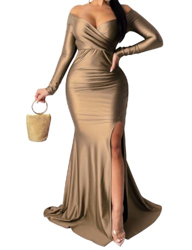 Image of Womens Off Shoulder Sexy V Neck High Split Long Maxi Dress, Formal Cocktail Party Evening Gown Mermaid Dress