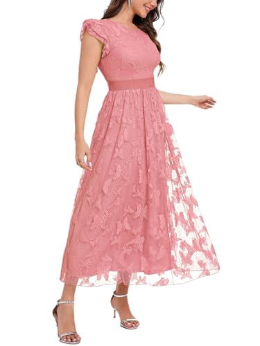Image of Women's Casual Tulle Midi Dress Ruffle Sleeve Crewneck Lace Flowy Dresses Party Wedding Guest Sundress