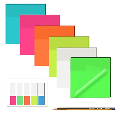 400 Pzs Notas Autoadhesivas Transparentes, Post Sticky It Transparente, Notas Adhesivas Transparentes de 6 Colores, Bloc de Notas Autoadhesivo Impermeable con 100 Pzs de Postit Marcapaginas, Lápiz Cover