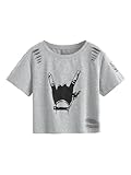 SweatyRocks Women's Short Sleeve T Shirt Graphic Print Distressed Crop Top Gesture Light Grey Large