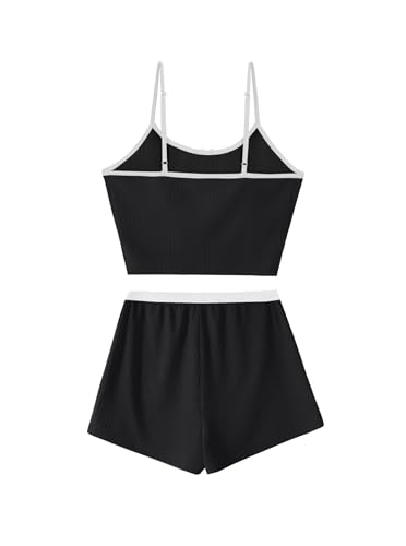 Image of Hilinker Womens Graphic 2 Piece Pajama Set Summer Cute Crop Cami and Shorts Ribbed Lounge Sets