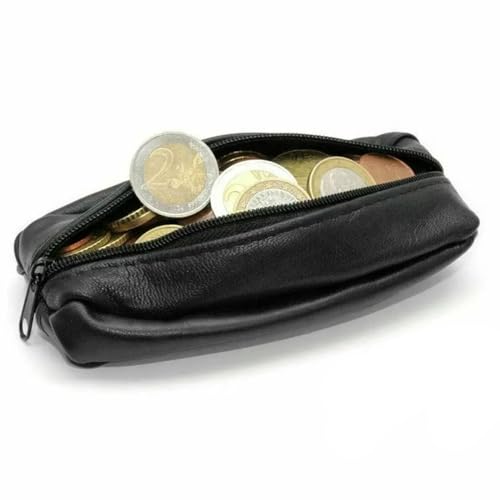 Monedero de Piel Auténtica con Dos Compartimentos, Pequeño con Cremallera y Llavero, Ligero y Resistente para Hombre, Negro