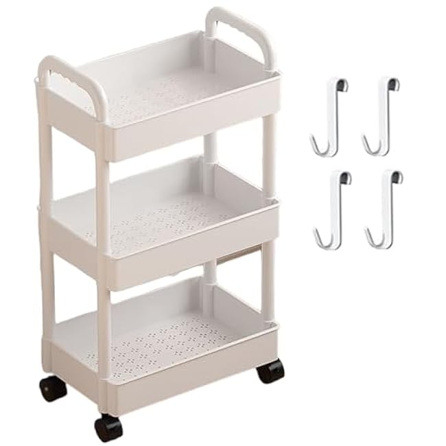 3 Tier Rolling Cart Large Capacity Storage Cart on Wheels Hollow-Out Basket Snack with Dual Handle Rolling Utility with 4 Hooks for Kitchen/Bedroom/Study/Bathroom White-4r6aQP4o