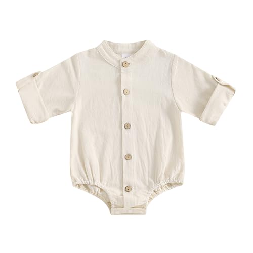 Image of Karuedoo Newborn Baby Boy Clothes Cotton Linen Shirt Bodysuit Button Up Roll Up Long Sleeve Romper Jumpsuit One-Piece Outfit