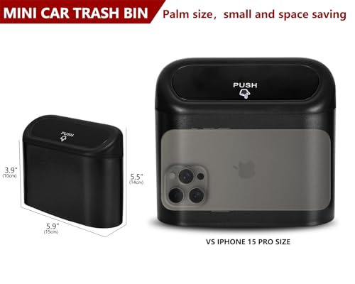 Image of Ginsco 2 Pack Mini Car Trash Can with Lid, Small Car Trash Bin, Car Accessories for Interior, Leakproof ABS Car Garbage Bin for Car, Home, Office with Additional 2 Hooks and 90pcs Trash Bags Black