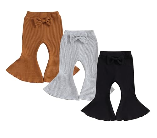 Image of MAINESAKA Toddler Baby Girl Flare Pants Solid Color Ribbed Bottoms Trousers Kids Sweater Leggings Fall Bow Bell Bottoms Pants