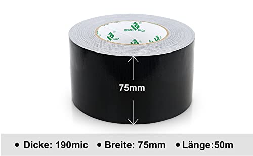 Foto von BOMEI PACK 50m x 75mm Panzertape Schwarz wasserfest, extreme Panzerband handreißbar Gaffa Tape, Duct Tape