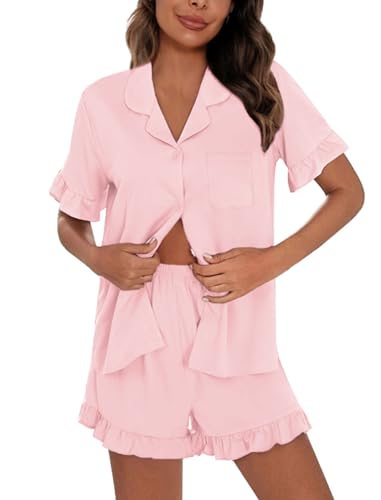 Image of SWOMOG Woman Pajama Set Short Sleeve Pjs Set 2Pcs Short Pajamas Button Down Ruffle Hem Sleepwear Soft Modal Loungewear