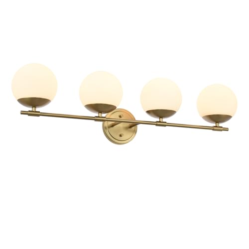 Ntsunxeko Brass Bathroom Vanity Light, 4 Light Modern Globe Bathroom Light Fixtures Over Mirror, Modern Vanity Lights for Living Room, Milk White Globe Glass Shades, Standard E26 Base, Aged Brass
