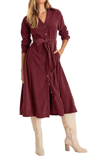 R.Vivimos Herbst Winter Damen Langarm Button Down Midikleid V Ausschnitt