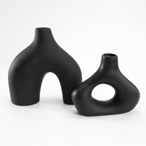 Image of PUREZENTO Abstract Black Ceramic Donut Vase 5.4 & 7.7 Inch - Set of 2 | Decorative Unique Modern Vase for Dried Flowers & Pampas Grass | Vases for Modern Home Decor, Living Room, Office Decor Ideas