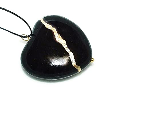 Very Large Black Howlite Broken Heart Pendant Mended with 23k Gold, Kintsugi Cord Necklace