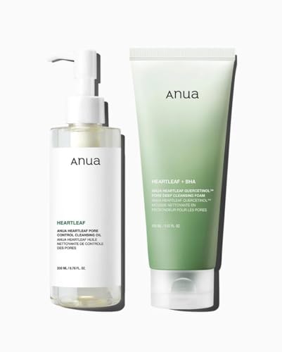 Anua Double Cleansing Duo for Facial Cleansing : Heartleaf Pore Control Cleansing Oil & Quercetinol Pore Deep Cleansing Foam for Double Cleansing, Korean Skincare
