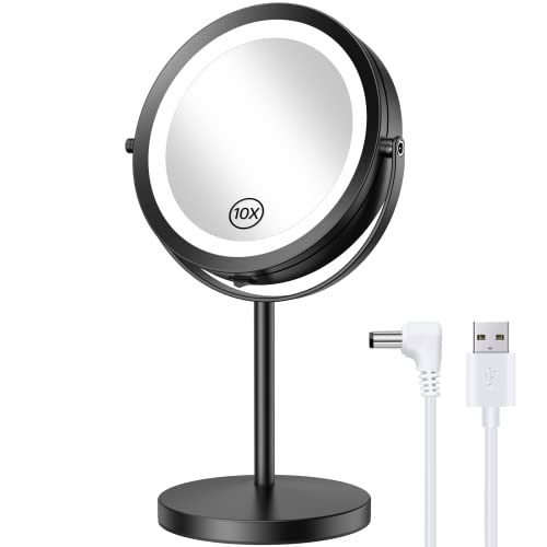 Gospire 7" Makeup Mirror With Lights And Magnification 1X / 10X, 360° Rotation Lighted Magnifying Mirror With Dual Power Supply, Light Up Mirror For Makeup, Led Vanity Mirror For Women – Black #TOP20