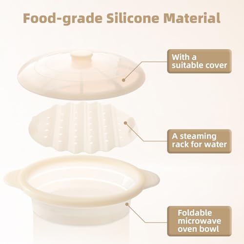 Microwave Steamer Cooker Collapsible Bowl Silicone Baked Potato Cookware with Handle Lid for Vegetables Fish Prep Meal Food with Removable Rack BPA Free Easy to Store Freezer Dishwasher Safe Beige by EuChoiz - Used condition - Image 4