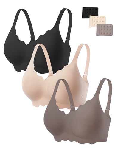 JOYTREE 3PCS Jelly Bras for Women No Underwire Comfort Wireless Women Bras Seamless Full Coverage Bralettes, Bra Extender - Scalloped Black/Beige/Grey, XL