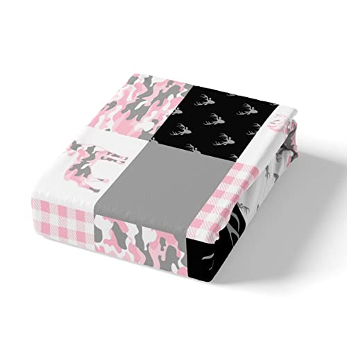 Manfei Pink Camouflage Fitted Sheet Queen Size, Wild Animal Deer Antlers Print Bed Cover With 2 Pillowcases, Pink Black White Grid Plaid Camo Print Bedding Set 3Pcs For Kids Girls Room Decor #TOP4
