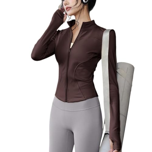 Chaqueta deportiva de terciopelo para mujer, ropa de yoga de manga larga con cremallera, cárdigan para correr, fitness, otoño e invierno, café oscuro, talla 4XL, Café oscuro, 4XL