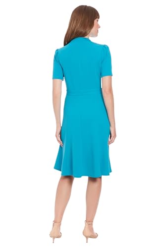 London Times Women's Dresses Women's Mock Neck Short Puff Sleeve Fit and Flare - Professional Work Dress - Wedding Guest Cocktail Dress, Barrier Reef, 83