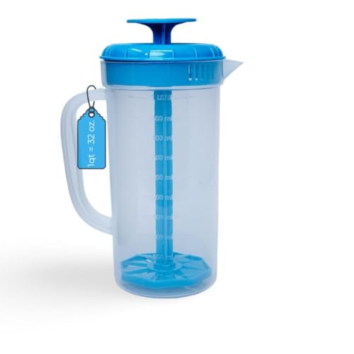JBK Pottery 1 Quart Plastic Mixing Pitcher with Mixing Lid, BPA Free, Shatterproof Beverage Jug for Iced Tea, Lemonade, Juices, Milk – Leak-Proof, Easy Stirring, Dishwasher Safe | Blue