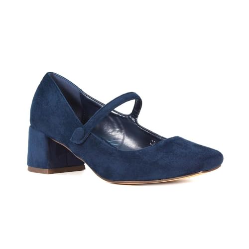 Women's Court Shoes Ladies Mary Jane Low Mid Block Heel Buckle Strap Navy Faux Suede Work Evening Party Shoes Size 8