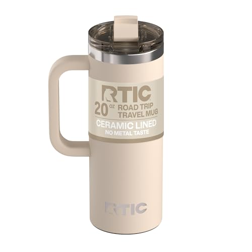 RTIC 20oz Road Trip Travel Mug with Lid and Handle, Ceramic Lined, Insulated, Stainless Steel, Metal, Double Wall Vacuum-Insulation, Portable Coffee, Tea Cup for Hot and Cold Drink, Beach