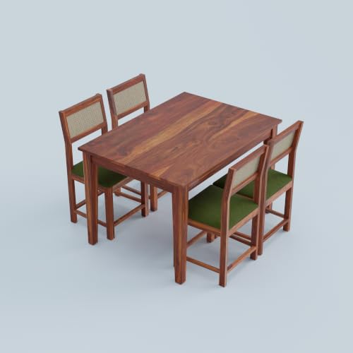 Image of DRIFTINGWOOD Amber Solid Sheesham Wood 4 Seater Dining Table Set with Rattan Back Chairs | Green Velvet Cushioned Seating for Home & Dining Room (Honey Finish, DIY)