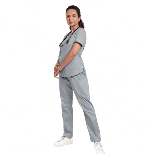 Image of Lite V-Neck 6-Pocket Women's Cotton ScrubSuit | Moisture-Wicking, Anti-Stain & Odor Protection | Classic Fit Top & Pant | All-Day Comfort for Doctors & Students Slate Grey (M)