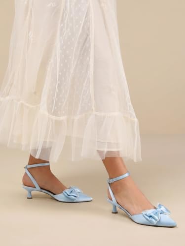 Image of Coutgo Womens Satin Kitten Low Heels Bow Pearl Closed Pointed Toe Pumps Ankle Strap Wedding Dress Shoes