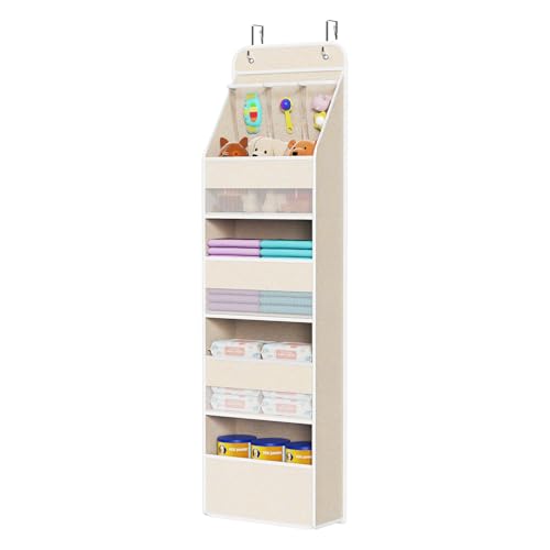 Image of Univivi 5-Shelf Over Door Hanging Organizer Fabric Door Storage with 4 Large Pockets and 3 Small PVC Pockets Wall Mount Hanging Storage Organizers for Baby Nursery (Beige Pattern)