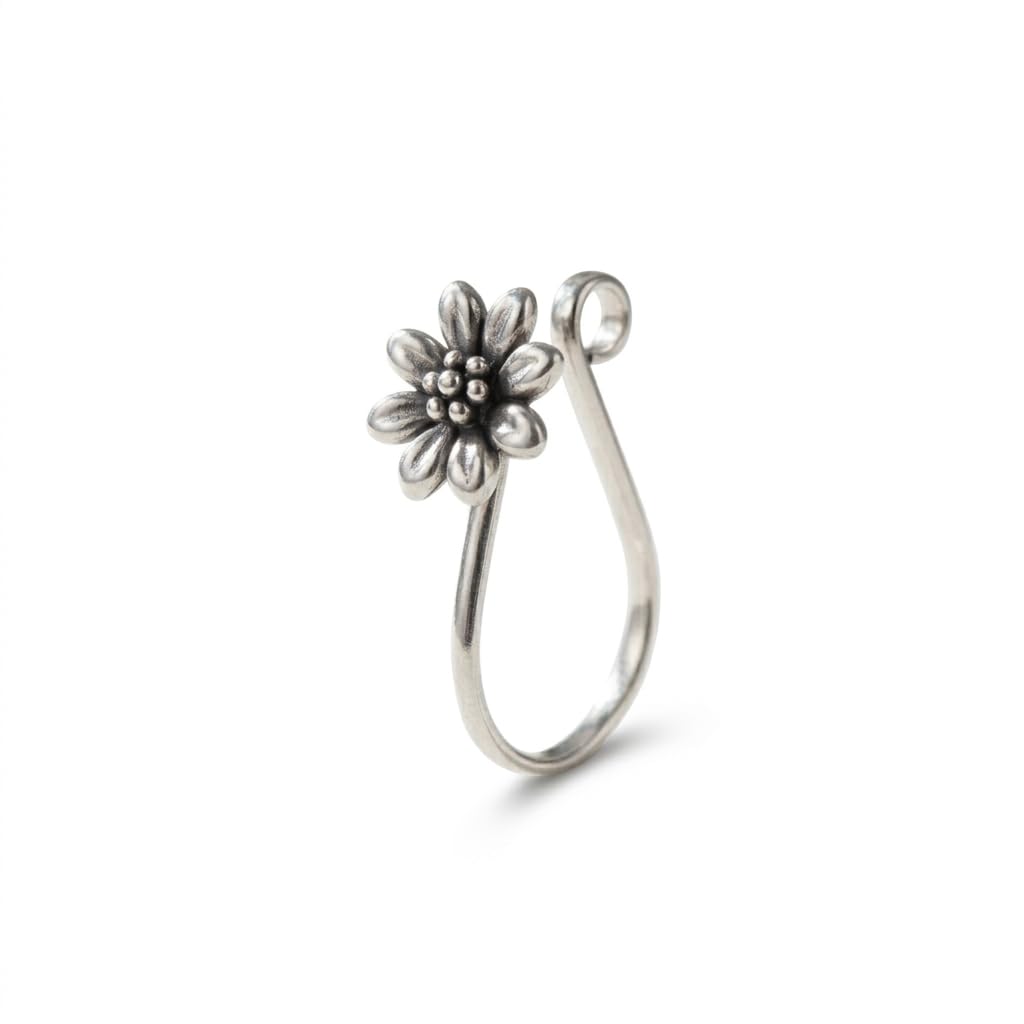 nemichand jewels Sterling Silver Oxidised Flower Clip On Nose Pin For Women-picture-40