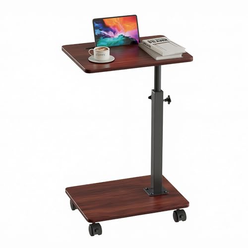 VECELO TV Tray Table for Couch, Adjustable Height & 360°Swivel & with 4 Wheels, C Shaped Snack Table for Sofa, Bed, Small Space, Dark Walnut by VECELO - Used condition - Image 9