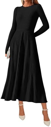 KIRUNDO Women Fall Business Casual Ribbed Knit Long Sleeve Bodycon Pleated Midi Sweater Dress Elegant A Line Winter Dresses