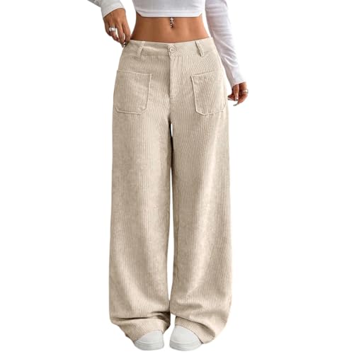 Kenvina Corduroy Pants Women Baggy Tall Cord Wide Leg Trousers Elastic Waist Comfy Work Pants Soft Cozy Palazzo Teacher Pant（Beige,XX-Large）