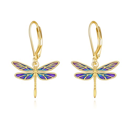 Dragonfly Earrings for Women Sterling Silver Gold Plated Dragonfly Leverback Dangle Earrings Jewelry Gifts for Women