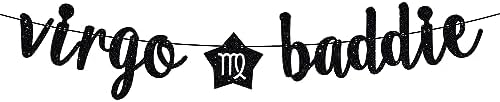 Virgo Baddie Banner, Virgo Happy Birthday Decor, 12 Constellation Zodiac Virgo Themed Birthday Party Decorations for Boys and Girls - Black Glitter