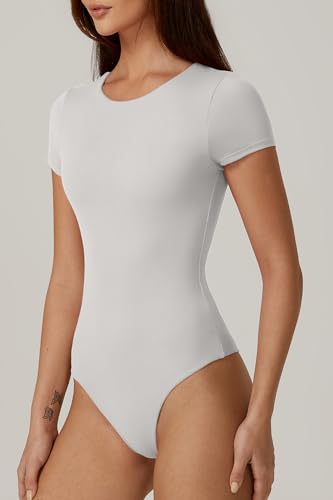 Image of QINSEN Women's Crew Neck Short Sleeve Bodysuit Double Lined Body Suits Basic T-shirt Tops