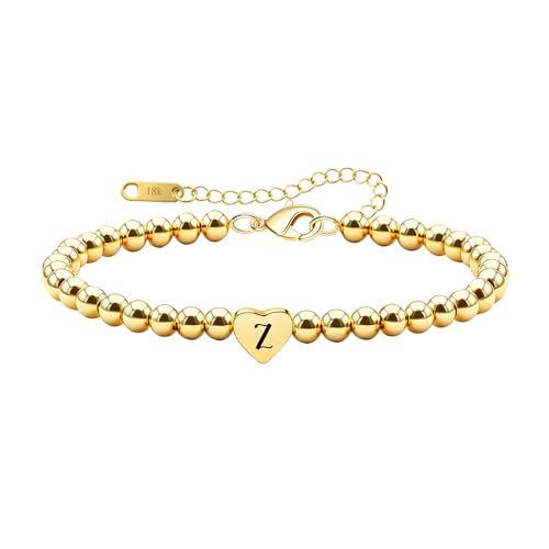Image of Nimbus Astelier Delicate 18K Gold Beaded Bracelet Gift 26 Letter Initial A-Z Heart Charm for Women Men (Z)