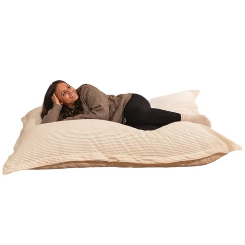 bananair - Puff Gigante de Pana Ancho - Suave y Confortable - Puff Cama con Relleno de Espuma Incluido, Óptimo Apoyo para la Espalda - Bean Bag, Sofa Puff XXL Muy Cómodo (180 x 140 cm, Blanco Roto)