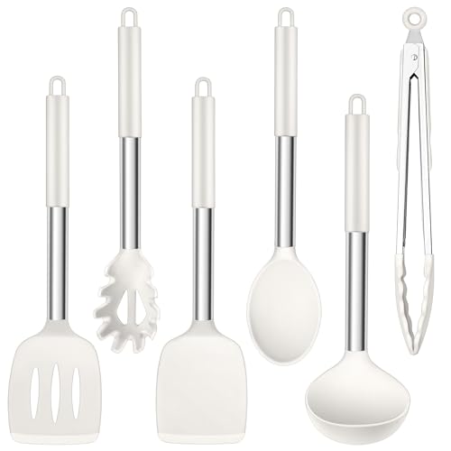 Herogo Kitchen Utensils Set, 6-Piece Silicone Cooking Utensil Set, Heat Resistant Stainless Steel Handle Cooking Tools, Non-Stick Silicone Spatula Turner Spoon Set, Easy to Clean - White