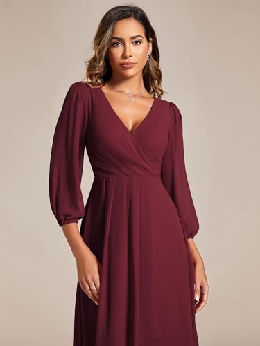 Image of Ever-Pretty Women's Chiffon V Neck Long Sleeves A-Line Midi Length Wedding Guest Dress Cocktail Party Formal Dresses 01926