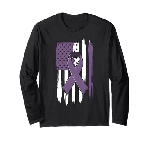 Lupus Awareness Month American Flag Purple Ribbon Support Manga Larga