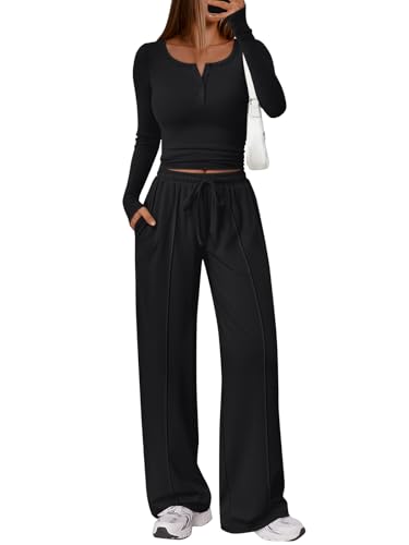 Trendy Queen 2 Piece Matching Lounge Sets for Women Early Fall Fashion Outfits 2025 Two Piece Airport Travel Vacation Sweatsuit Outfits Clothes Winter Clothing Black M