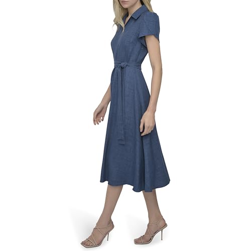Image of DKNY Women's Short Sleeve Collared V-Neck Tie Waist Midi Dress