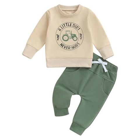TheFound Toddler Baby Boy Outfits Mama' Little Man/Daddy's Little Dude Sweatshirt Solid Pant Infant Baby Fall Winter Clothes (Green Tractor, 6-12 Months) Cover