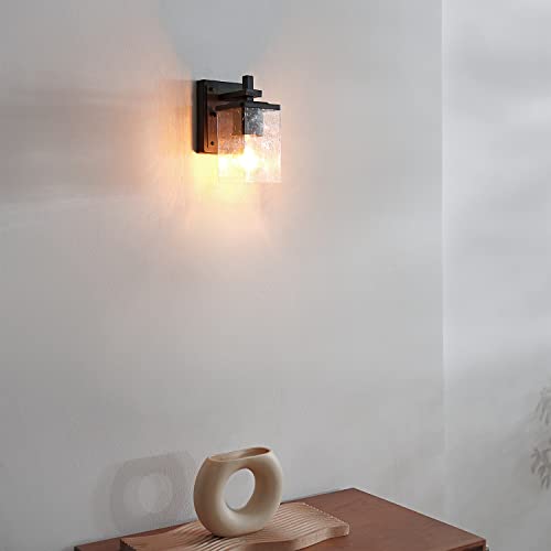 Image of Globe Electric 51675 Dakota 1-Light Vanity Light, Matte Black, Dark Faux Wood Accents, Clear Seeded Glass Shade