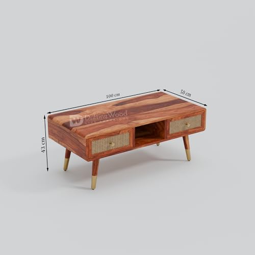 Image of DRIFTINGWOOD Amber Solid Sheesham Wood Coffee Table (100x50x43 cm) | Center Table with 2 Rattan Drawers, Open Storage | Honey Finish