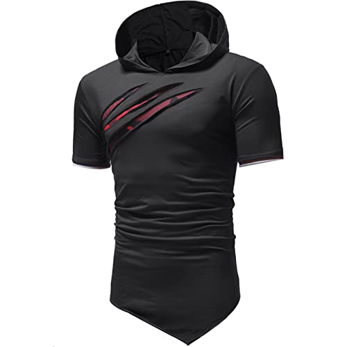 Mens Slim Fit Ripped Hooded Shirts Short Sleeve Irregular Hem Hoodie T-Shirts Solid Color Hip Hop Casual Tops2