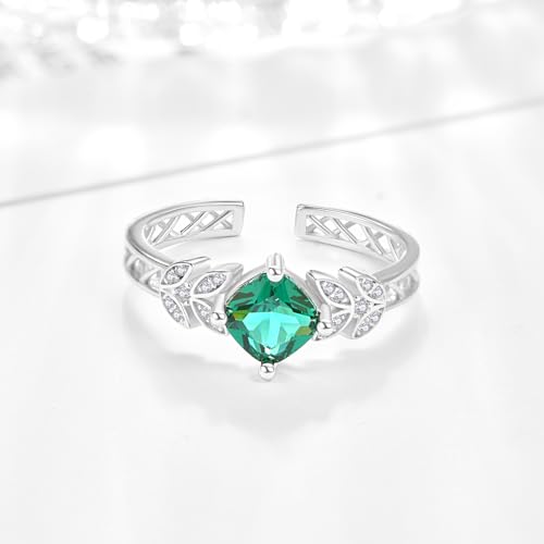 TANGPOET 6mm Simulated Emerald Rings for Women 925 Sterling Silver Adjustable Green Gemstone Leaf Rings Open Band Rings Valentine Anniversary Promise Jewelry Gifts for Her4