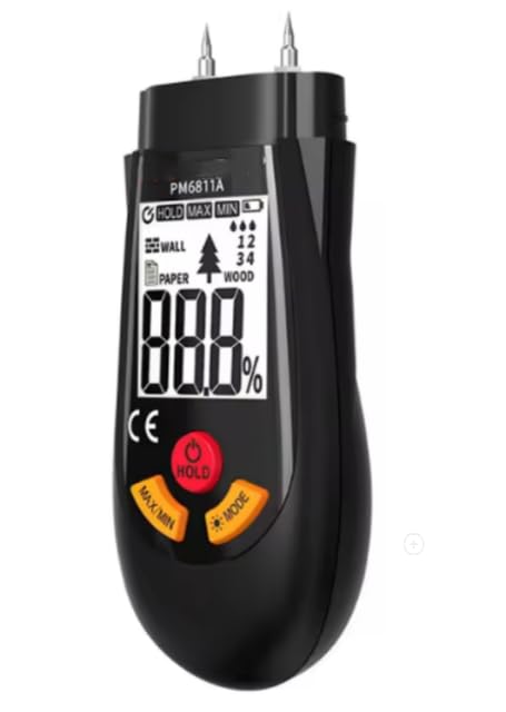 Angled view of the PM6811A Digital Wood Moisture Meter with measurement pins extended